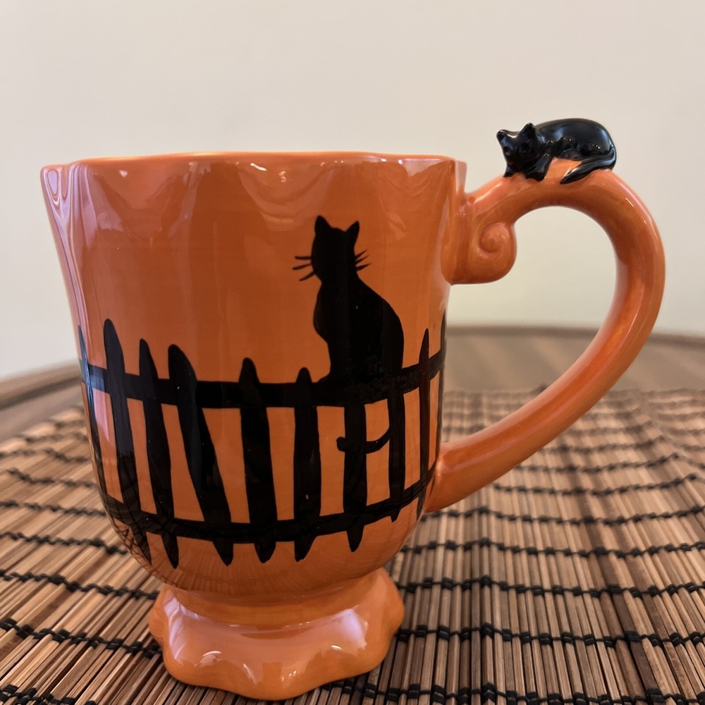 Black Cat Halloween Coffee Mug Ceramic Hand Painted OrangeBlackMesaHomeProducts
